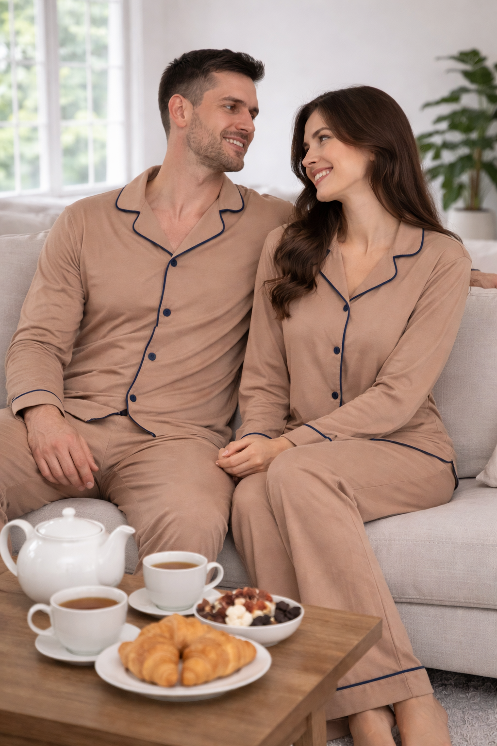 COSY lifestyle — couple in latte pajamas